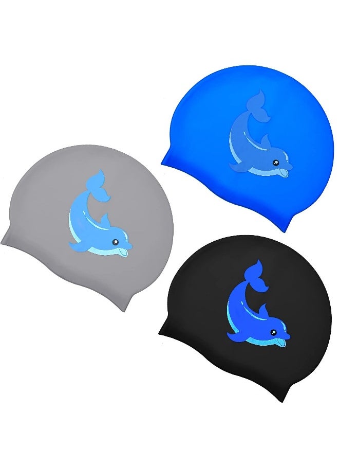 3 Pcs Swimming Caps for Kids, Silicone Swimming Caps with 3D Ear Protection for Child Youth Teen Cartoon Swimming Caps with Dolphin Design for Unisex (Blue, Black, Gray)