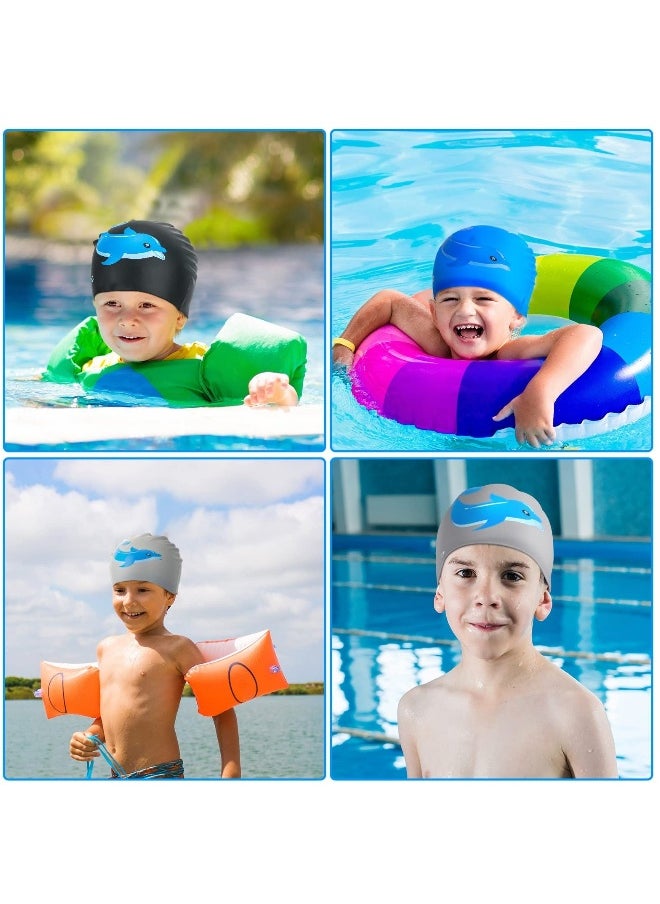 3 Pcs Swimming Caps for Kids, Silicone Swimming Caps with 3D Ear Protection for Child Youth Teen Cartoon Swimming Caps with Dolphin Design for Unisex (Blue, Black, Gray)