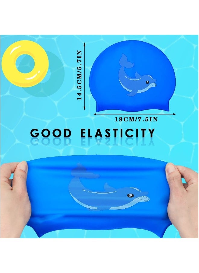 3 Pcs Swimming Caps for Kids, Silicone Swimming Caps with 3D Ear Protection for Child Youth Teen Cartoon Swimming Caps with Dolphin Design for Unisex (Blue, Black, Gray)