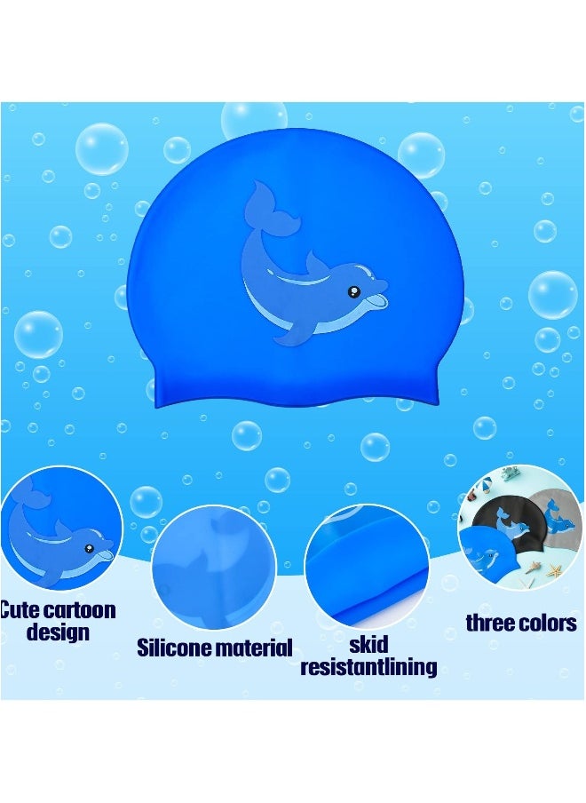 3 Pcs Swimming Caps for Kids, Silicone Swimming Caps with 3D Ear Protection for Child Youth Teen Cartoon Swimming Caps with Dolphin Design for Unisex (Blue, Black, Gray)