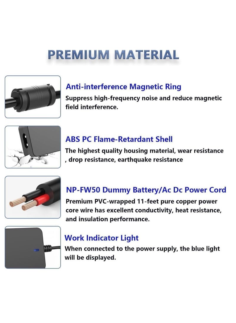 AC-PW20 AC Power Adapter NP-FW50 Dummy Battery Kit for Sony Alpha ZV-E10, A7 Series, A6500, A6400, A6300, A6100, A6000, A5100, RX10 II/III/IV, NEX – Continuous Power for Professional Photography & Videography