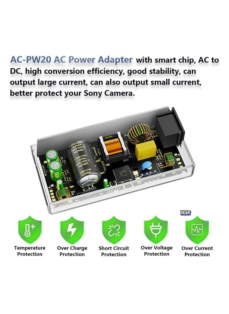 AC-PW20 AC Power Adapter NP-FW50 Dummy Battery Kit for Sony Alpha ZV-E10, A7 Series, A6500, A6400, A6300, A6100, A6000, A5100, RX10 II/III/IV, NEX – Continuous Power for Professional Photography & Videography