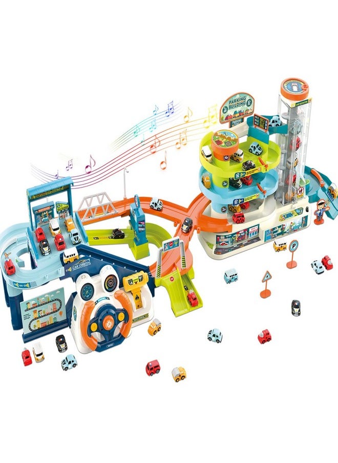 2-In-1 Race Car Tracks Playset For Kids, Toy Car Ramp Track And Lifting Parking Lot, Dual Mode Toddler Car Track Toy Playset With 6 Cars, Automatic Rotary Elevator, Steering Wheel Music Driving