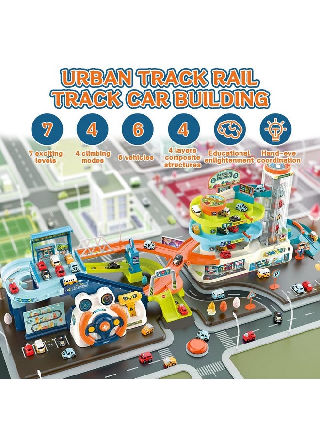 2-In-1 Race Car Tracks Playset For Kids, Toy Car Ramp Track And Lifting Parking Lot, Dual Mode Toddler Car Track Toy Playset With 6 Cars, Automatic Rotary Elevator, Steering Wheel Music Driving