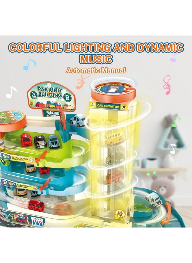 2-In-1 Race Car Tracks Playset For Kids, Toy Car Ramp Track And Lifting Parking Lot, Dual Mode Toddler Car Track Toy Playset With 6 Cars, Automatic Rotary Elevator, Steering Wheel Music Driving