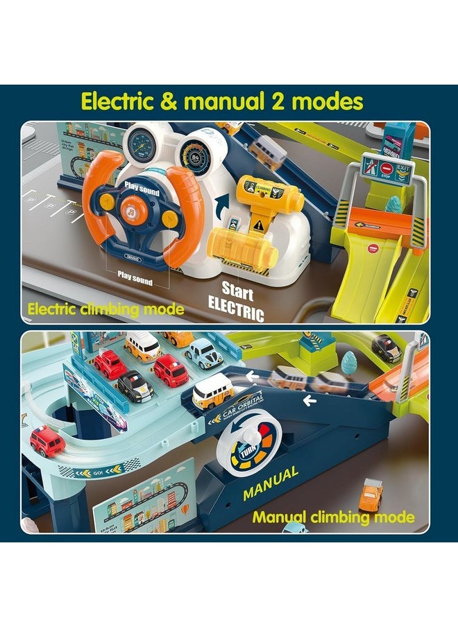 2-In-1 Race Car Tracks Playset For Kids, Toy Car Ramp Track And Lifting Parking Lot, Dual Mode Toddler Car Track Toy Playset With 6 Cars, Automatic Rotary Elevator, Steering Wheel Music Driving