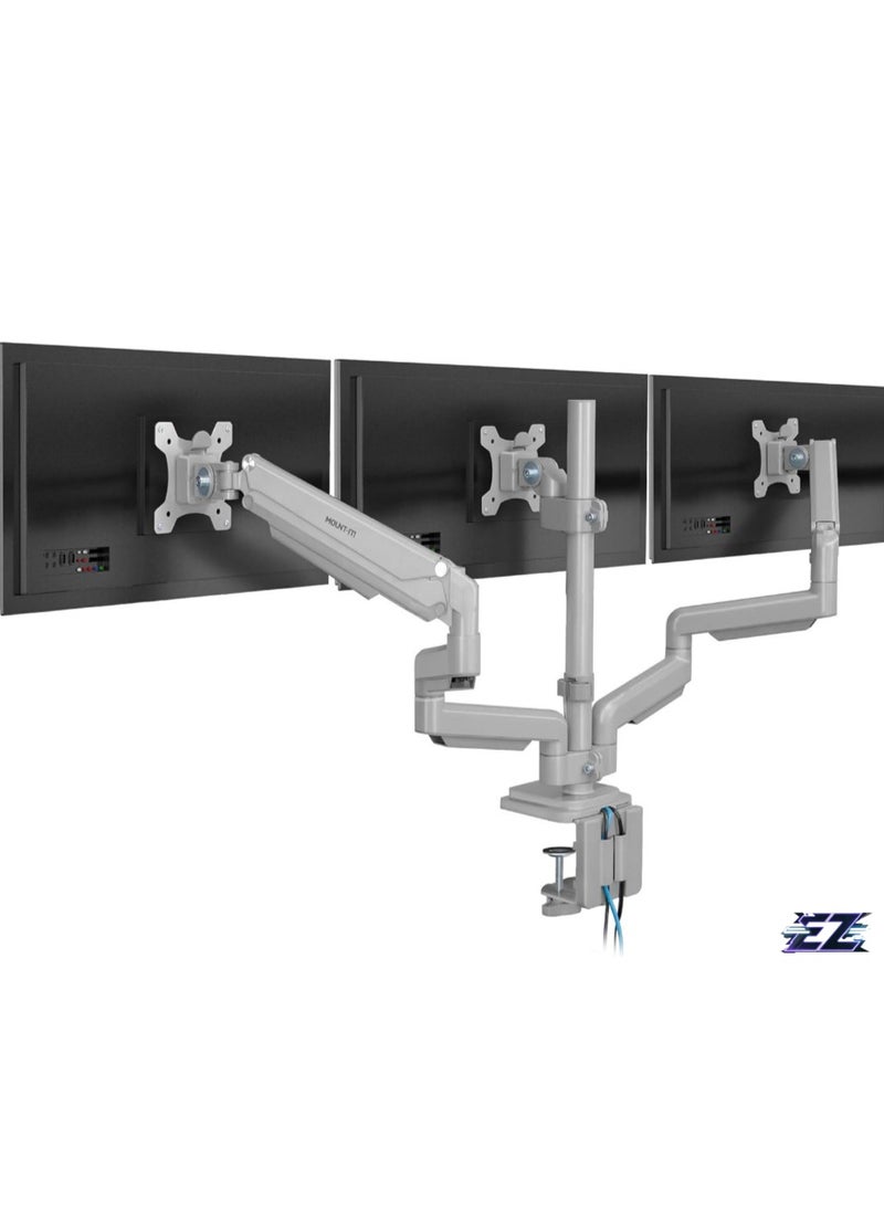 Ergonomic Triple Monitor Mount – Height Adjustable, USB/Audio Integration, Supports 24”-32” Displays for Office and Gaming Setups