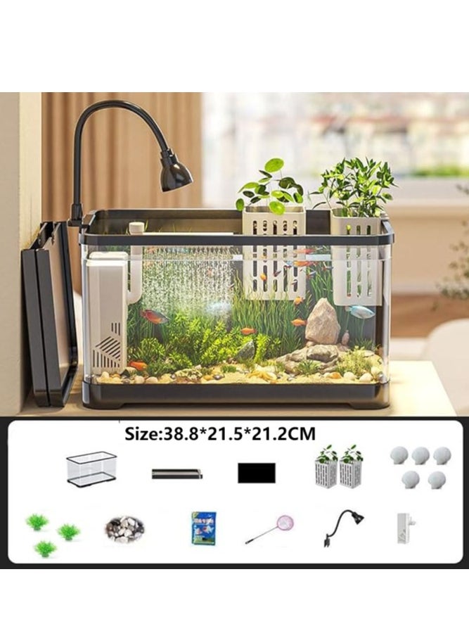 Fish Tank Kit Glass Fish Bowl with Oxygen Air Pump，Filter，Light，Plants Holder，Pebbles，Scallop Shells for Home  Aquarium（38.8*21.5*21.2cm)