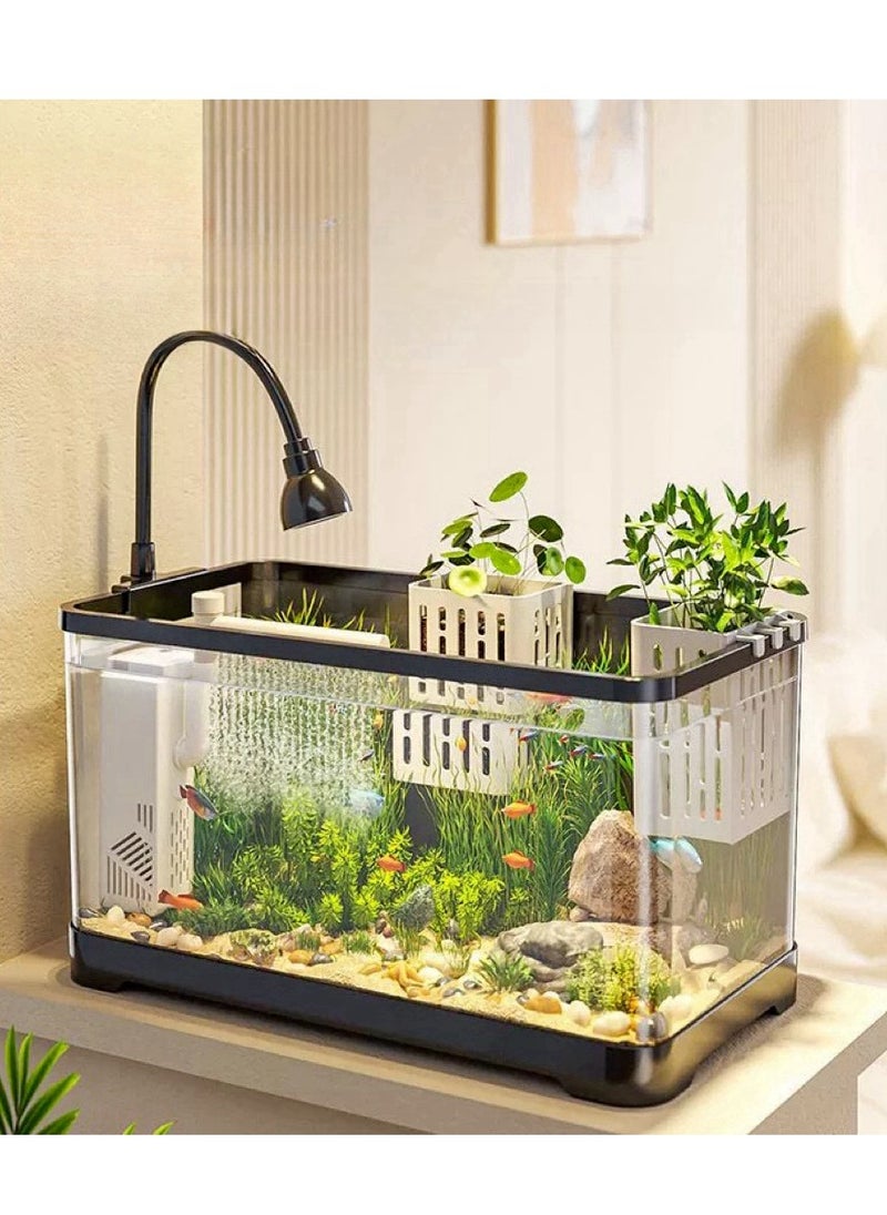 Fish Tank Kit Glass Fish Bowl with Oxygen Air Pump，Filter，Light，Plants Holder，Pebbles，Scallop Shells for Home  Aquarium（38.8*21.5*21.2cm)