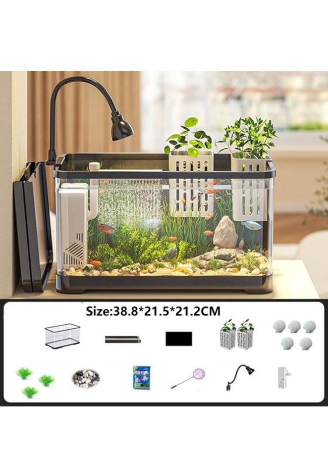 Fish Tank Kit Glass Fish Bowl with Oxygen Air Pump，Filter，Light，Plants Holder，Pebbles，Scallop Shells for Home  Aquarium（55*30*29.4cm)