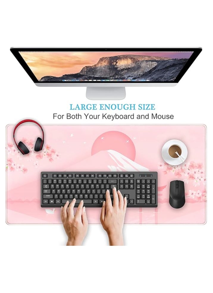 Cherry Blossom Mouse Pad Kawaii Pink Floral Desk Mat，Japanese Pastel Sakura Large Anime Gaming Mousepad XXL，Cute Aesthetic Mount Fuji Japan Keyboard Mats Women Office Desk Pads 31.5''x15.75''