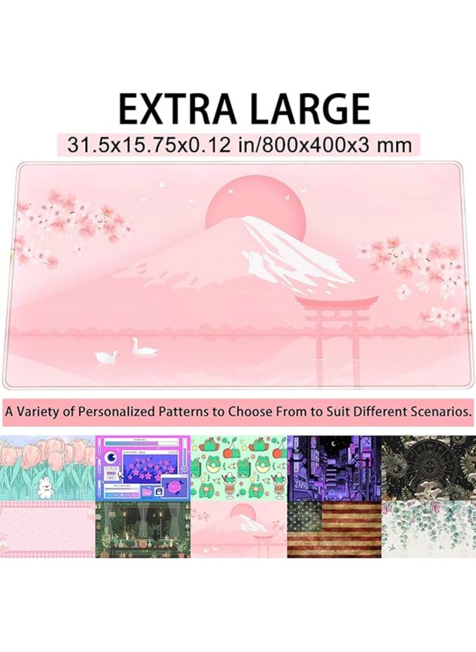 Cherry Blossom Mouse Pad Kawaii Pink Floral Desk Mat，Japanese Pastel Sakura Large Anime Gaming Mousepad XXL，Cute Aesthetic Mount Fuji Japan Keyboard Mats Women Office Desk Pads 31.5''x15.75''