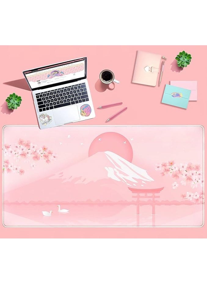 Cherry Blossom Mouse Pad Kawaii Pink Floral Desk Mat，Japanese Pastel Sakura Large Anime Gaming Mousepad XXL，Cute Aesthetic Mount Fuji Japan Keyboard Mats Women Office Desk Pads 31.5''x15.75''