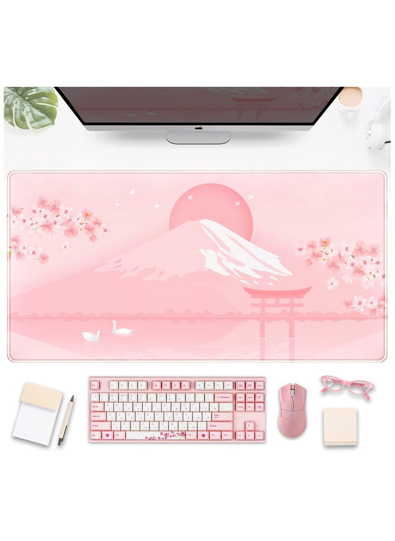 Cherry Blossom Mouse Pad Kawaii Pink Floral Desk Mat，Japanese Pastel Sakura Large Anime Gaming Mousepad XXL，Cute Aesthetic Mount Fuji Japan Keyboard Mats Women Office Desk Pads 31.5''x15.75''