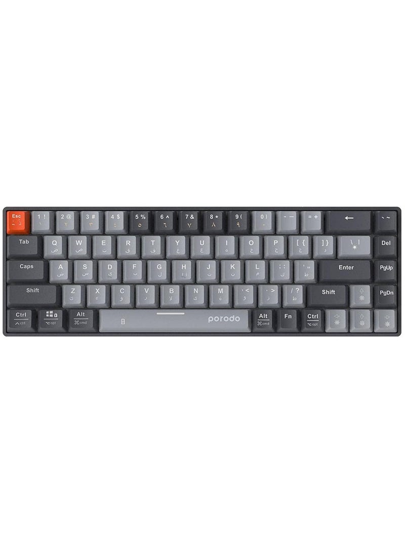 Porodo 68-Keys Wireless Mechanical Keyboard (English/Arabic) Ergonomic Stylish with Smart Design | Anti-Ghosting Durable Computer Keyboard with 20 Rainbow Effects | JiXian Black Switch - Gray