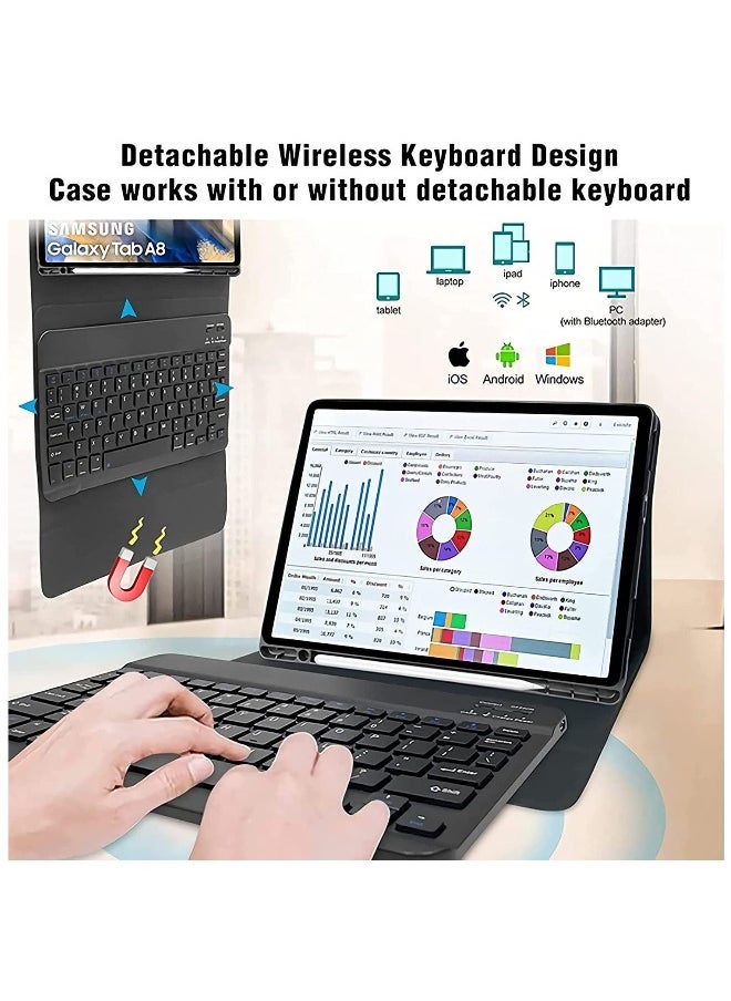 Keyboard Case for Samsung Galaxy Tab A8 10.5 Inch 2022 & Built-in S Pen Holder - Slim Smart Cover with Detachable Bluetooth Keyboard for Samsung Tablet A8 (SM-X200/ X205 /X207/Black)