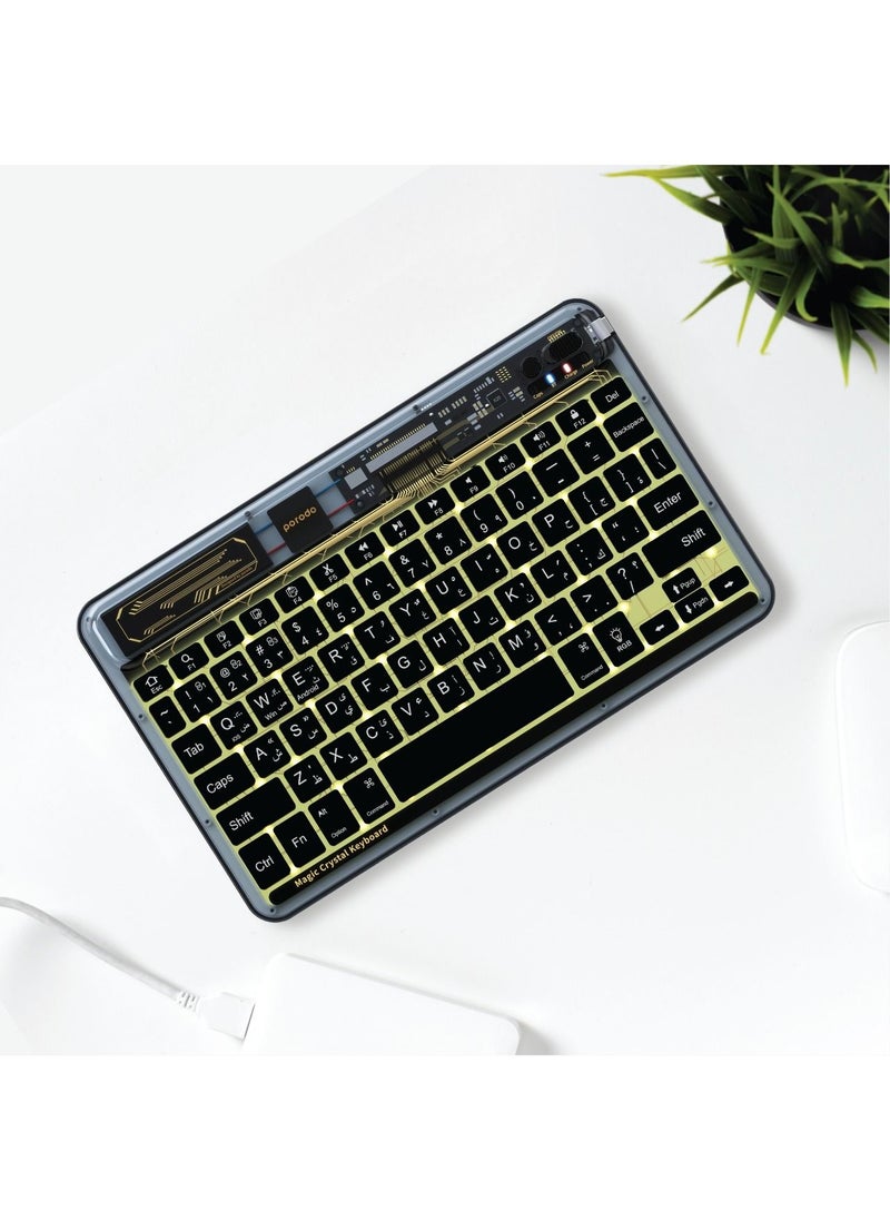 Crystal Shell Ultra-Slim Keyboard 500mAh Built-In Battery, With Type-C Charging Cable, Bluetooth 5.0, Multi-Device Connection, 7 Colors LED Compatible With iOS/ Windows/ Android - Black