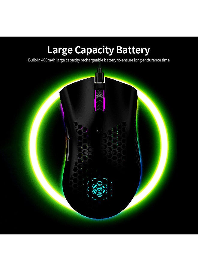 2.4G Wireless Gaming Mouse Rechargeable Mouse with RGB Light Effect 3 Adjustable DPI Hollowed-out Honeycomb Design White