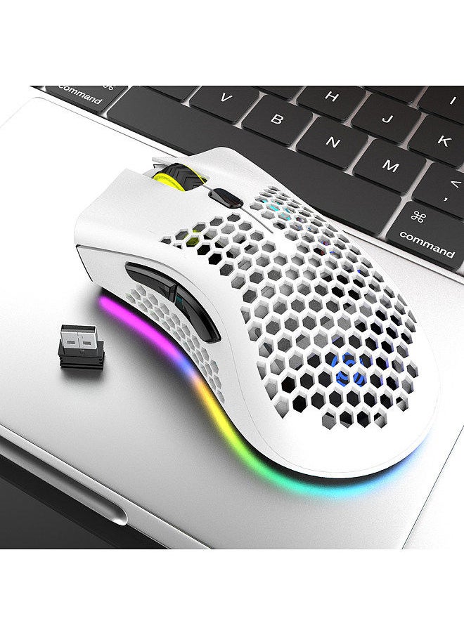 2.4G Wireless Gaming Mouse Rechargeable Mouse with RGB Light Effect 3 Adjustable DPI Hollowed-out Honeycomb Design White