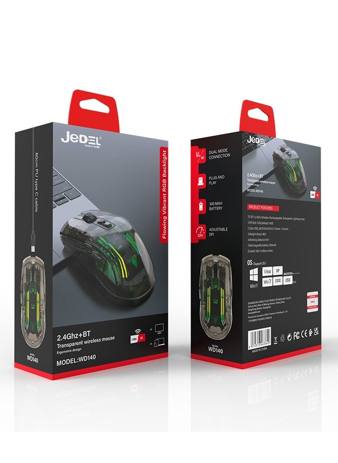 JEDEL WD140 Wireless Bluetooth Gaming Mouse for Windows, Mac, IOS, Android, Computer Mice with USB Receiver, 800/1200/1600/2400/3600/4800 DPI, Black