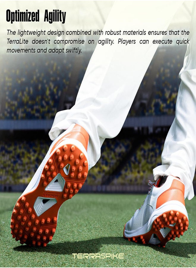 Hundred TerraLite Cricket Shoes | TerraSpike Rubber Studs | Embedded Support Plate for Stability | Lightweight & Durable | Ideal for Turf, Ground & Hard Surfaces (White/Orange ; UK 2)