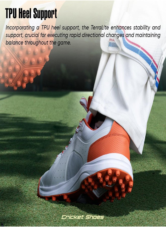 Hundred TerraLite Cricket Shoes | TerraSpike Rubber Studs | Embedded Support Plate for Stability | Lightweight & Durable | Ideal for Turf, Ground & Hard Surfaces (White/Orange ; UK 2)