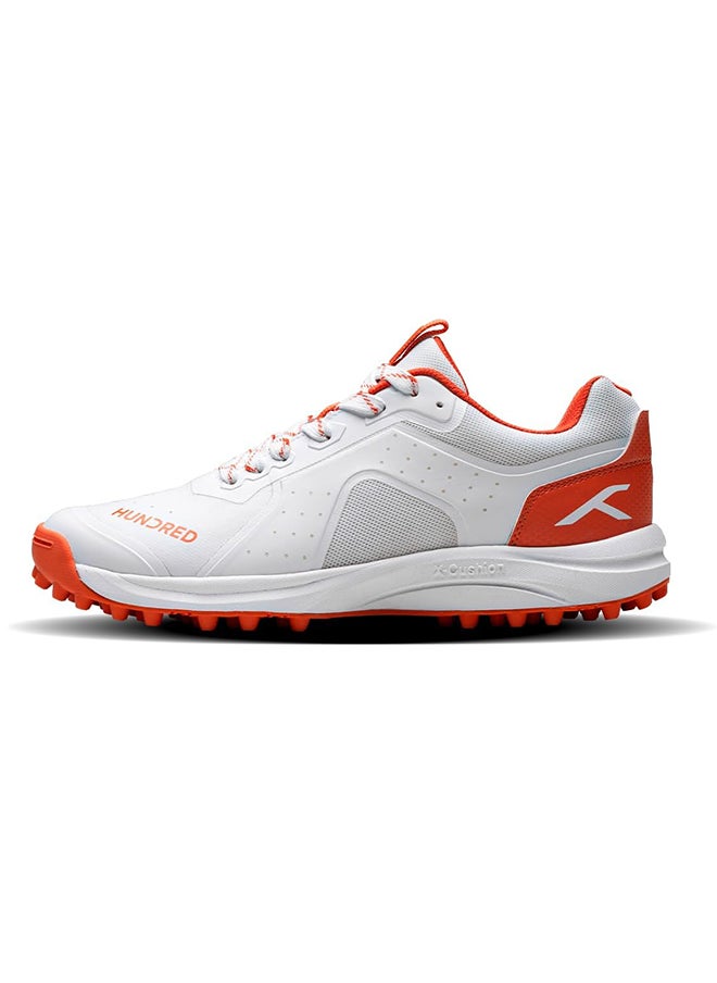 Hundred TerraLite Cricket Shoes | TerraSpike Rubber Studs | Embedded Support Plate for Stability | Lightweight & Durable | Ideal for Turf, Ground & Hard Surfaces (White/Orange ; UK 2)