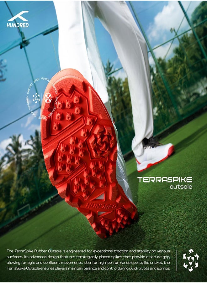 Hundred HyperDrive Cricket Shoes | TerraSpike Rubber Studs | Embedded Support Plate for Stability | Lightweight & Durable | Ideal for Turf, Ground & Hard Surfaces (White/Red/Black ; UK 2)