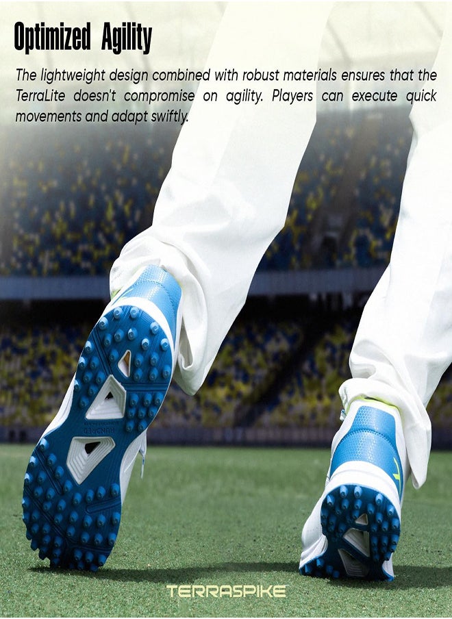 Hundred TerraLite Cricket Shoes | TerraSpike Rubber Studs | Embedded Support Plate for Stability | Lightweight & Durable | Ideal for Turf, Ground & Hard Surfaces (White/Blue/Lime ; UK 9)