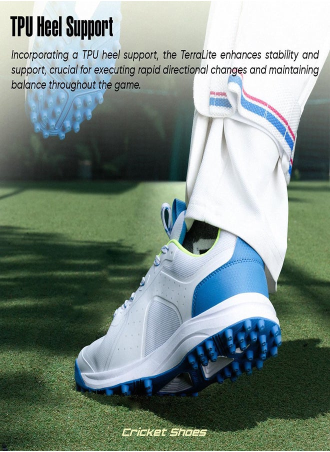 Hundred TerraLite Cricket Shoes | TerraSpike Rubber Studs | Embedded Support Plate for Stability | Lightweight & Durable | Ideal for Turf, Ground & Hard Surfaces (White/Blue/Lime ; UK 9)