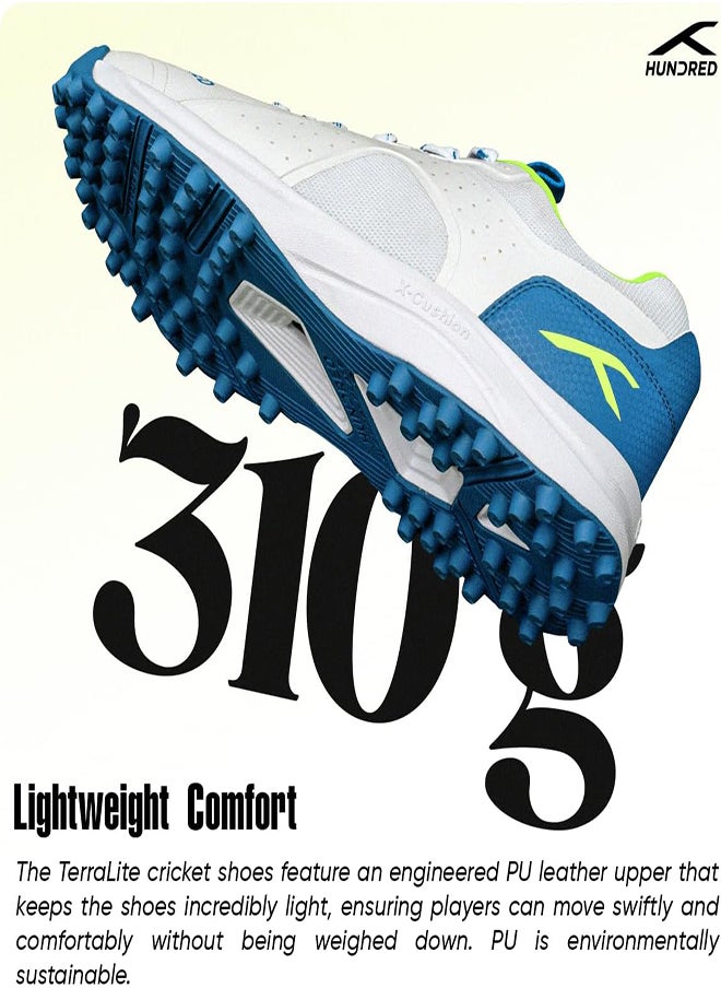 Hundred TerraLite Cricket Shoes | TerraSpike Rubber Studs | Embedded Support Plate for Stability | Lightweight & Durable | Ideal for Turf, Ground & Hard Surfaces (White/Blue/Lime ; UK 4)
