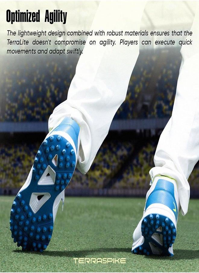 Hundred TerraLite Cricket Shoes | TerraSpike Rubber Studs | Embedded Support Plate for Stability | Lightweight & Durable | Ideal for Turf, Ground & Hard Surfaces (White/Blue/Lime ; UK 4)