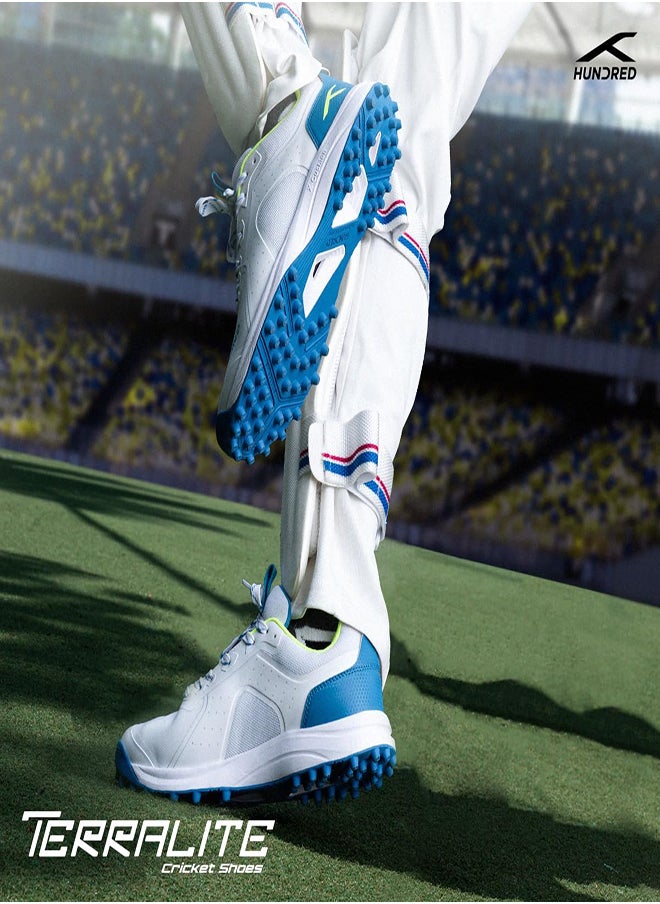 Hundred TerraLite Cricket Shoes | TerraSpike Rubber Studs | Embedded Support Plate for Stability | Lightweight & Durable | Ideal for Turf, Ground & Hard Surfaces (White/Blue/Lime ; UK 4)