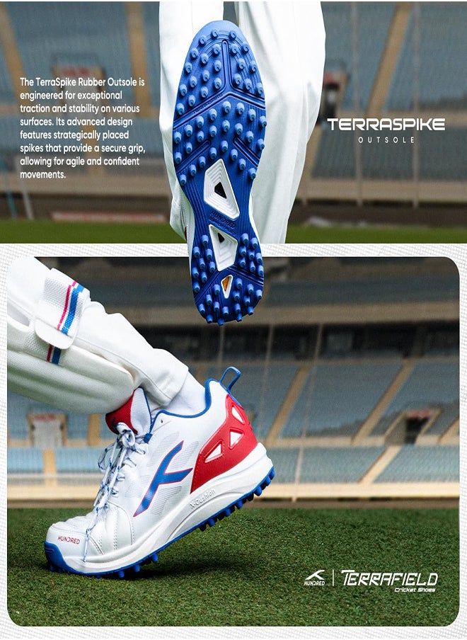 Hundred TerraField Cricket Shoes | TerraSpike Rubber Studs | Embedded Support Plate for Stability | Lightweight & Durable | Ideal for Turf, Ground & Hard Surfaces (White/Blue/Red ; UK 1)