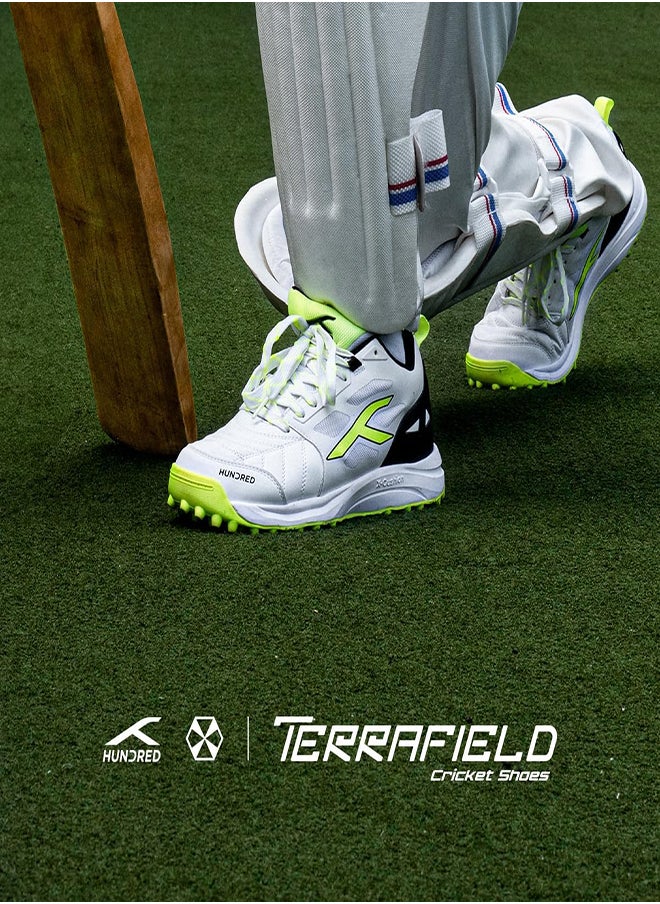 Hundred TerraField Cricket Shoes | TerraSpike Rubber Studs | Embedded Support Plate for Stability | Lightweight & Durable | Ideal for Turf, Ground & Hard Surfaces (White/Lime/Black ; UK 4)