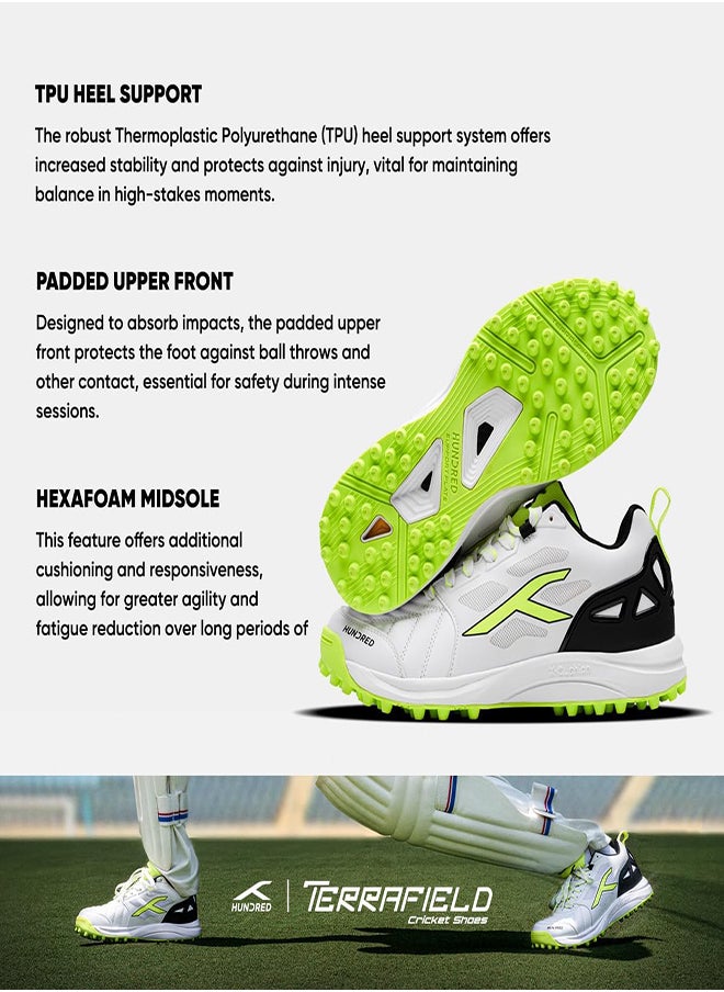 Hundred TerraField Cricket Shoes | TerraSpike Rubber Studs | Embedded Support Plate for Stability | Lightweight & Durable | Ideal for Turf, Ground & Hard Surfaces (White/Lime/Black ; UK 4)