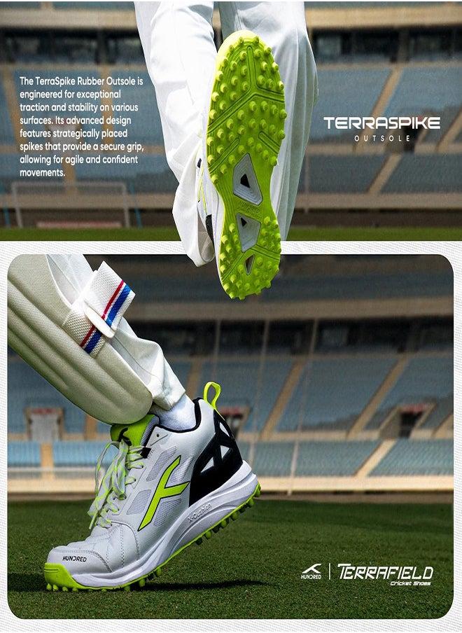 Hundred TerraField Cricket Shoes | TerraSpike Rubber Studs | Embedded Support Plate for Stability | Lightweight & Durable | Ideal for Turf, Ground & Hard Surfaces (White/Lime/Black ; UK 4)