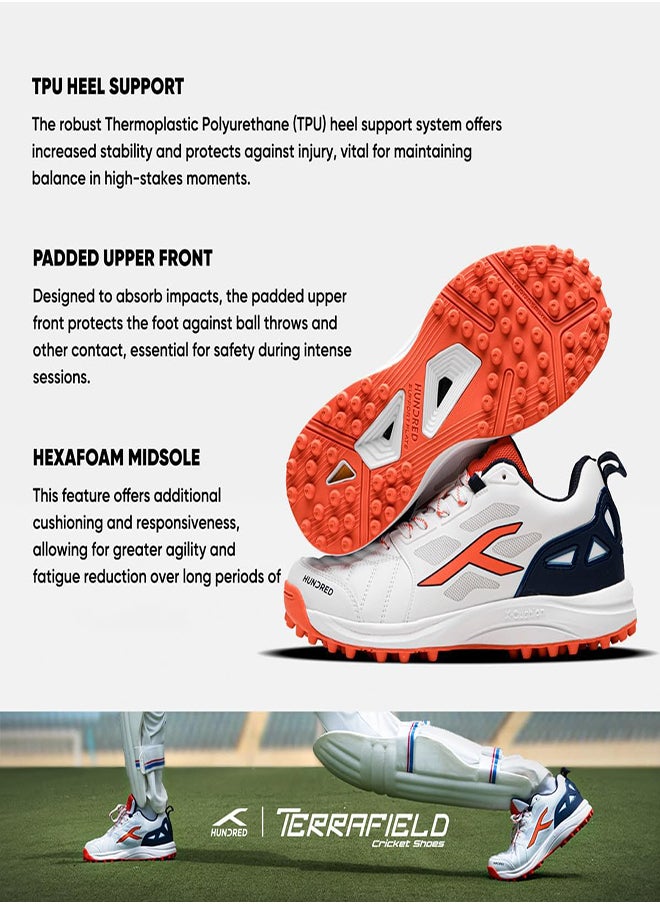 Hundred TerraField Cricket Shoes | TerraSpike Rubber Studs | Embedded Support Plate for Stability | Lightweight & Durable | Ideal for Turf, Ground & Hard Surfaces (White/Orange/Navy ; UK 1)