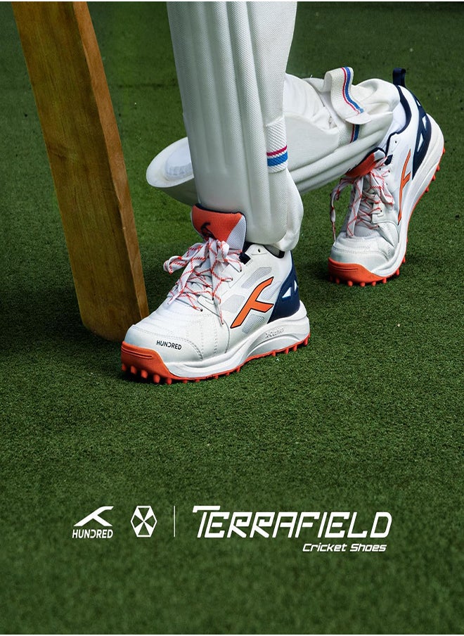 Hundred TerraField Cricket Shoes | TerraSpike Rubber Studs | Embedded Support Plate for Stability | Lightweight & Durable | Ideal for Turf, Ground & Hard Surfaces (White/Orange/Navy ; UK 1)