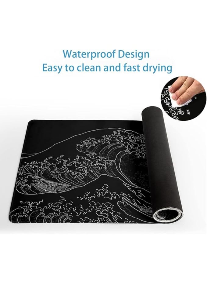 Gaming Mouse Pad, Thick and Dirty-Resistant Keyboard Mats for Desk with Stitched Edges, Ocean Waves Large Keyboard Mat with Non-Slip Base, Black Mouse Pad for Work and Gaming, 30×80cm