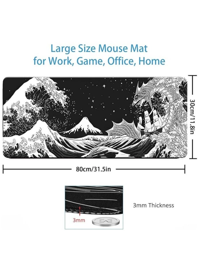 Gaming Mouse Pad, Thick and Dirty-Resistant Keyboard Mats for Desk with Stitched Edges, Ocean Waves Large Keyboard Mat with Non-Slip Base, Black Mouse Pad for Work and Gaming, 30×80cm