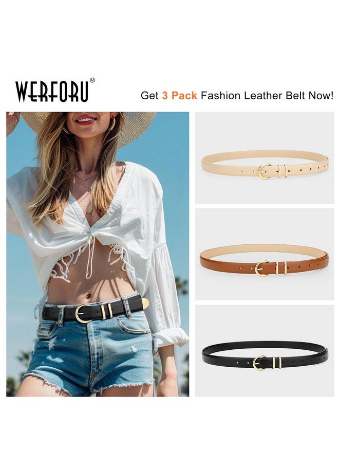 3 Pack Women'S Skinny Leather Belts For Jeans Dress Ladies Vintage Waist Belt With Gold Silver Buckle