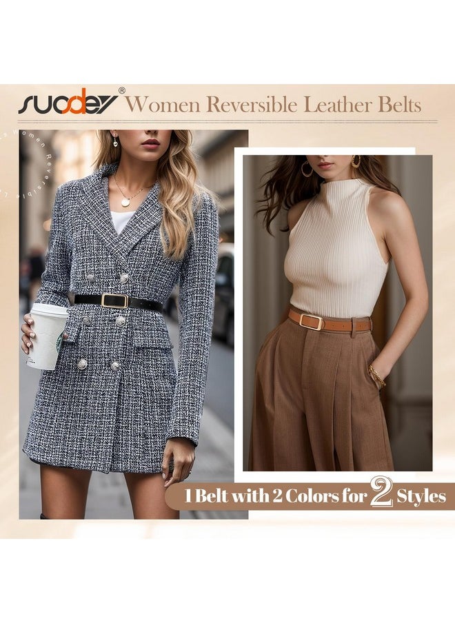 Women Reversible Leather Belts For Jeans Pants Dresses Ladies Fashion Belts With Gold Buckle