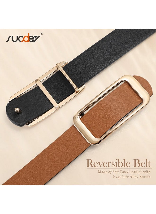 Women Reversible Leather Belts For Jeans Pants Dresses Ladies Fashion Belts With Gold Buckle