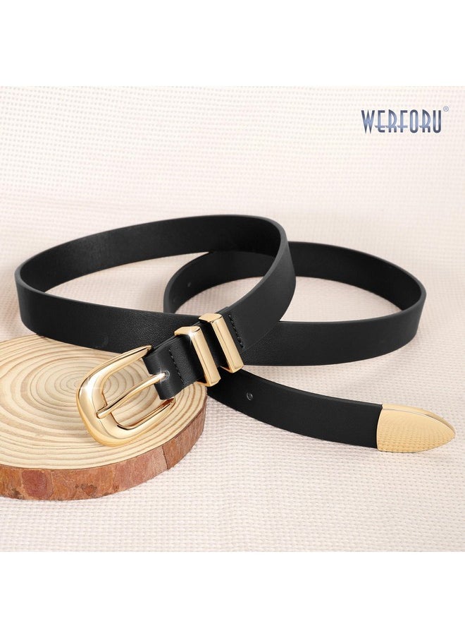 Women Leather Belt Fashion Leather Waist Belt For Pants Jean Ladies Western Thin Belt With Gold/Silver Buckle （Fit Waist Size 31