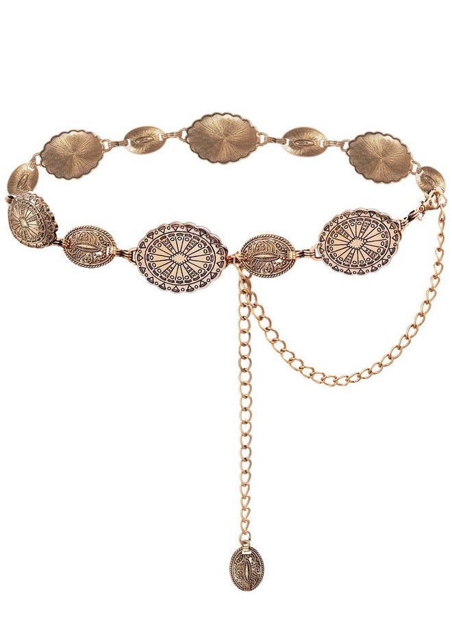 Gold Metal Oval Concho Chain Belts For Women Western Cowgirl Belt For Dresses Jeans Country Concert Outfit