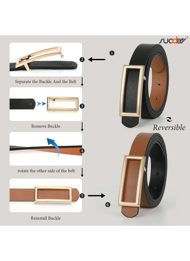 Women Reversible Leather Belts For Jeans Pants Dresses Ladies Fashion Belts With Gold Buckle, 0.9