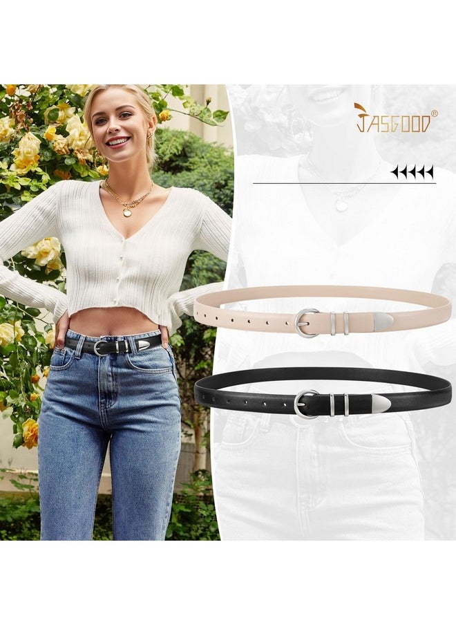 2 Pack Women'S Leather Belts With Silver Buckle Fashion Leather Waist Belt Elegant Ladies Belts For Jeans Dress,Black+Light Beige