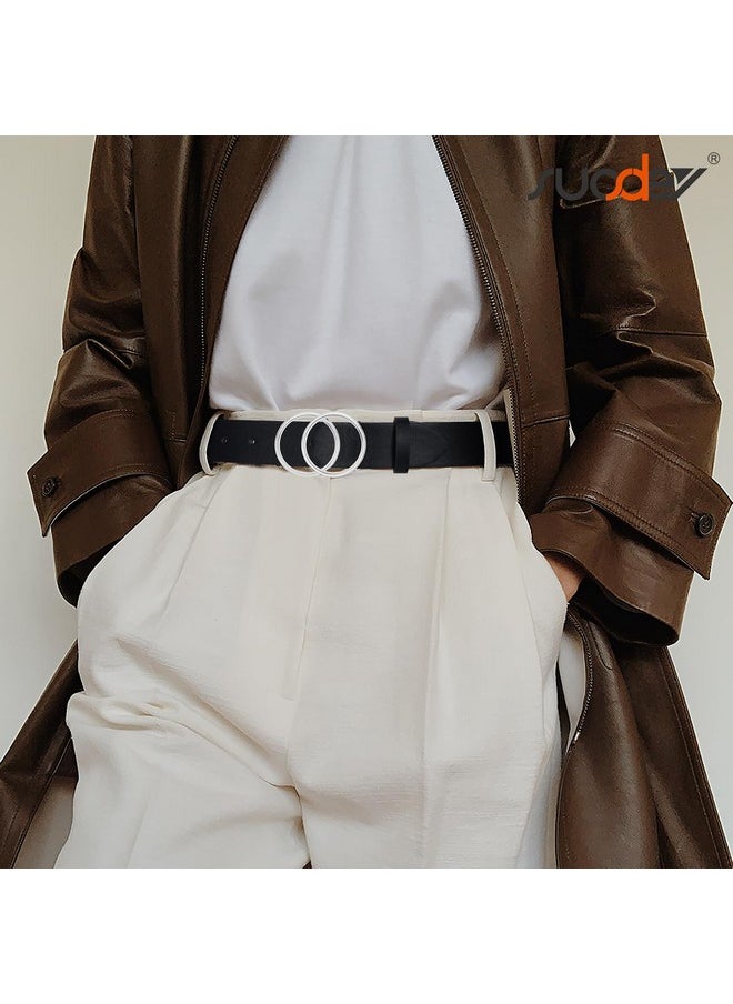 Women Leather Belt Fashion Double O-Ring Soft Faux Leather Waist Belts For Jeans Dress