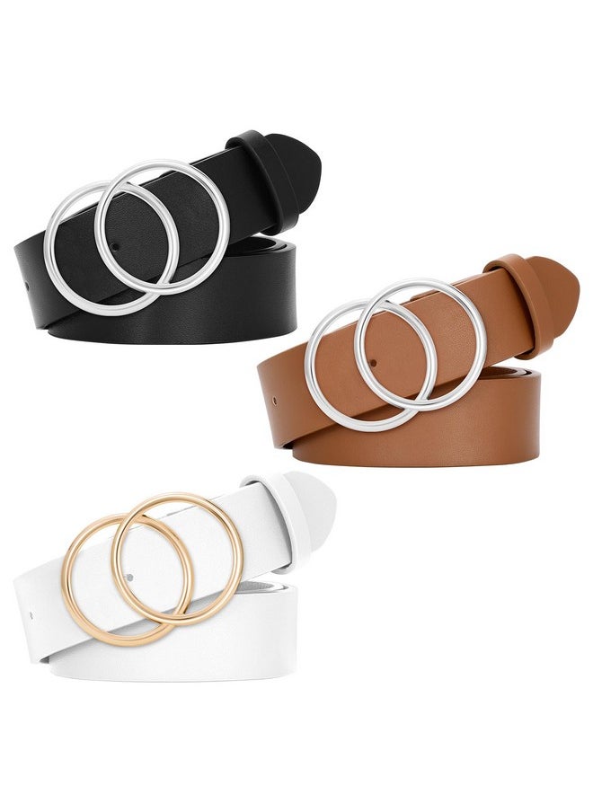 Women Leather Belt Fashion Double O-Ring Soft Faux Leather Waist Belts For Jeans Dress